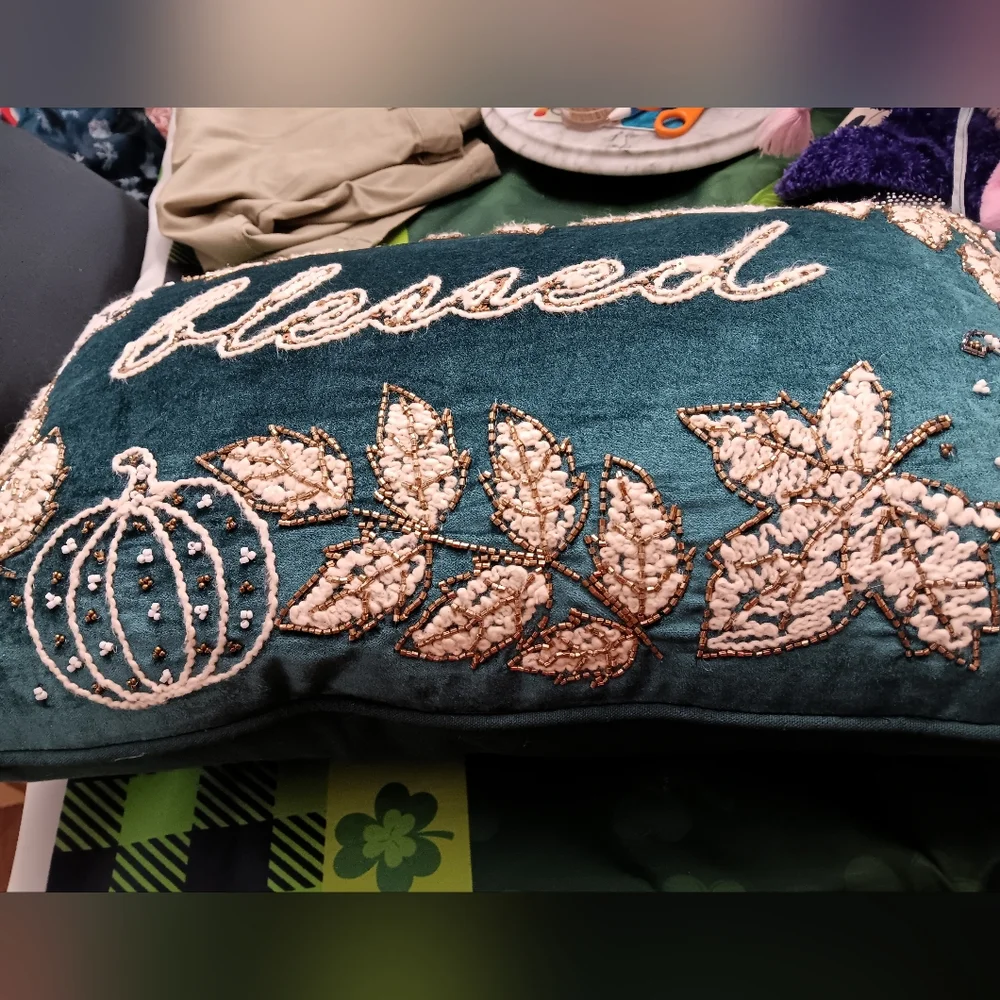 Elegant Teal 'Blessed' Holiday Pillow